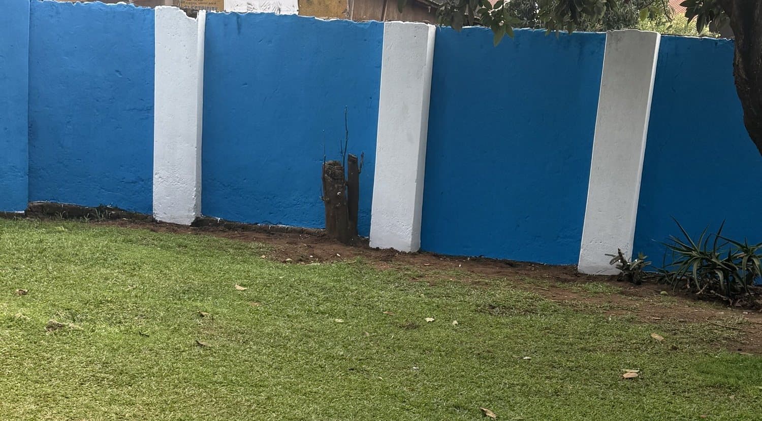 The lawn and the blue and white boundary wall in the courtyard at Shalom Clinic